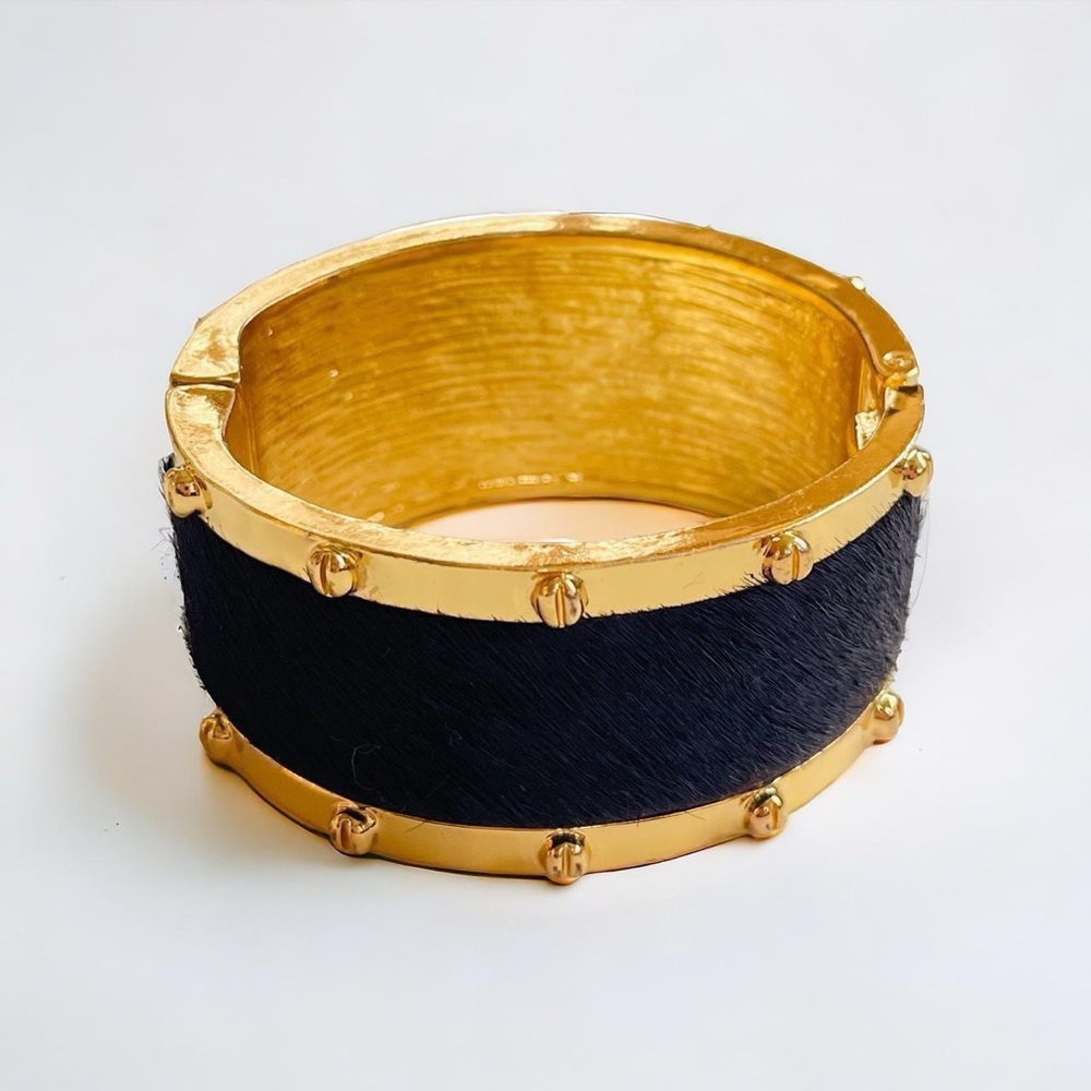 C. Wonder Faux Black Fur Gold Tone Hinged Bangle Bracelet